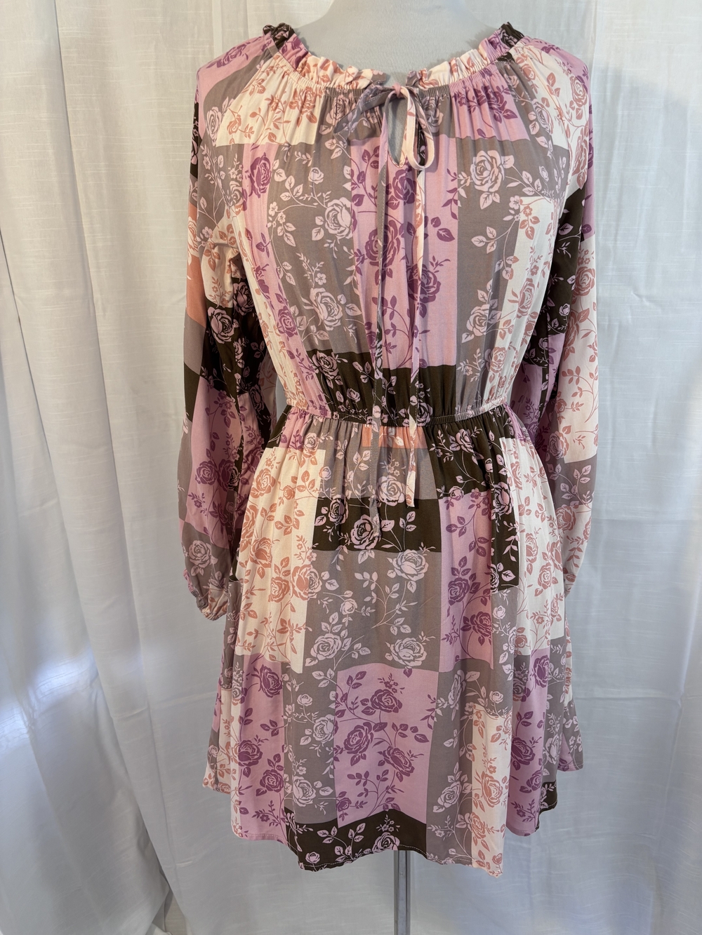 ANDREE BY UNIT Boho Floral Patchwork Flowy Tie Neck Mini Dress Women's Size S